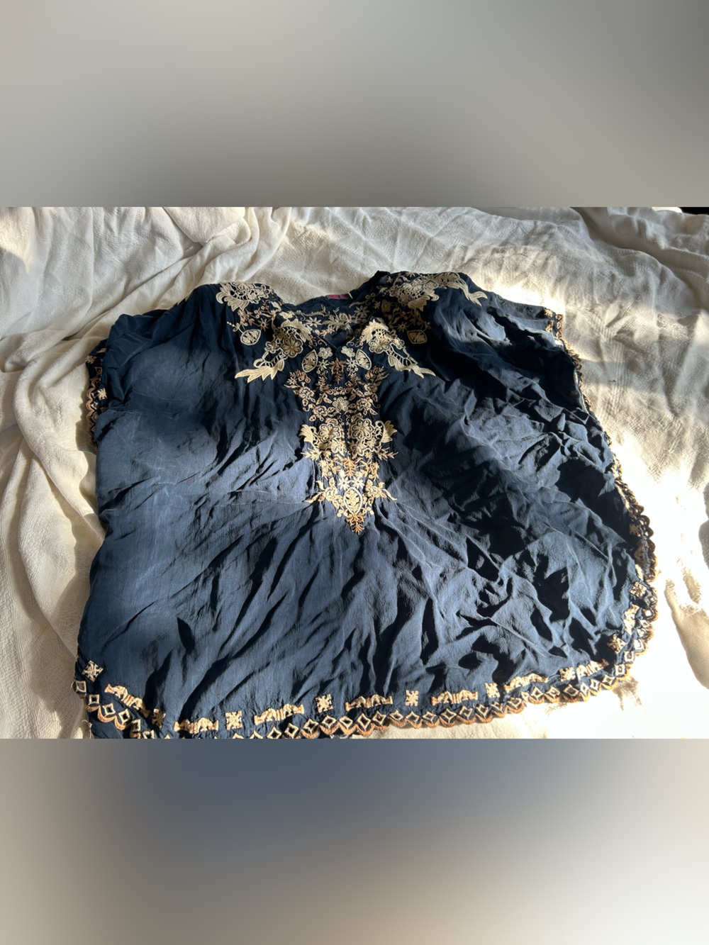 Johnny Was navy blue with tan embroidery top. Size 1X